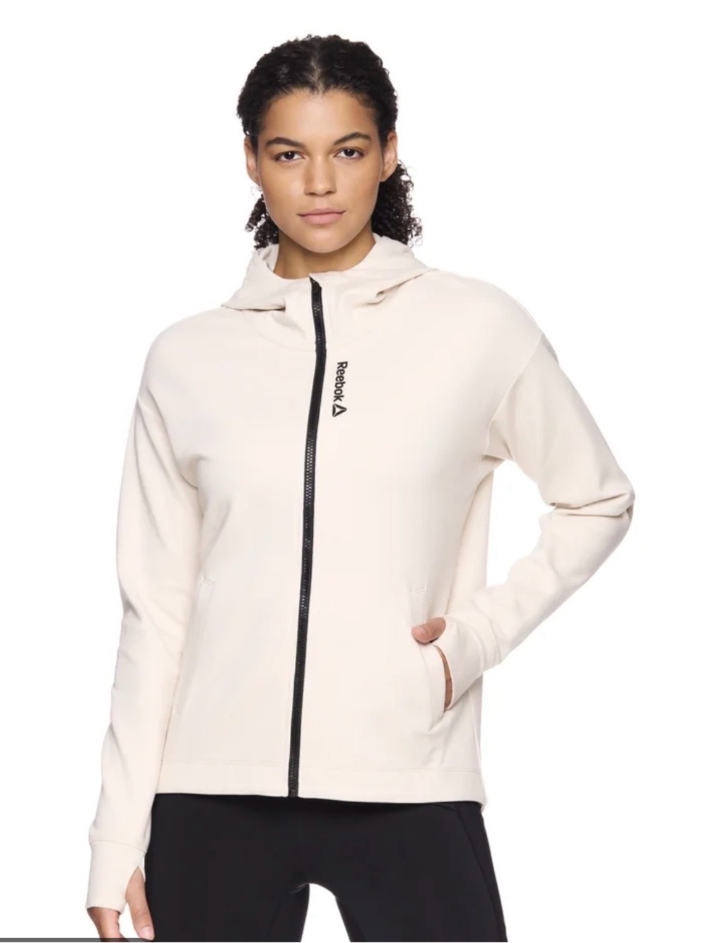 Reebok Women's Cream Zip-Up Hooded Sweatshirt with Black Trim